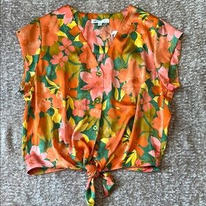DR2 Orange, Green, Pink Floral Tie-Front Button Blouse with Notched Collar